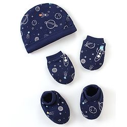 Babyhug 100% Cotton Cap Mittens & Booties Space Print - Blue