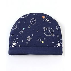 Babyhug 100% Cotton Cap Mittens & Booties Space Print - Blue