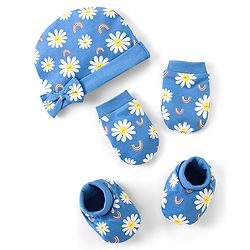 Babyhug 100% Cotton Cap Mittens & Booties Floral Print With Bow Applique - Blue