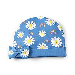 Babyhug 100% Cotton Cap Mittens & Booties Floral Print With Bow Applique - Blue