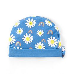 Babyhug 100% Cotton Cap Mittens & Booties Floral Print With Bow Applique - Blue