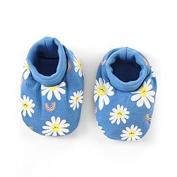 Babyhug 100% Cotton Cap Mittens & Booties Floral Print With Bow Applique - Blue