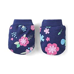 Babyhug 100% Cotton Knit Floral Print Cap Mittens And Booties With Bow - Blue