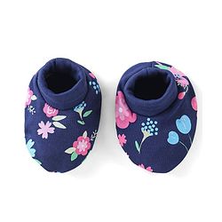 Babyhug 100% Cotton Knit Floral Print Cap Mittens And Booties With Bow - Blue