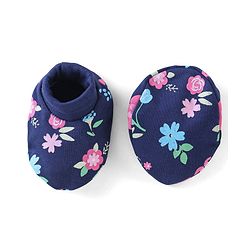 Babyhug 100% Cotton Knit Floral Print Cap Mittens And Booties With Bow - Blue