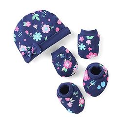 Babyhug 100% Cotton Knit Floral Print Cap Mittens And Booties With Bow - Blue