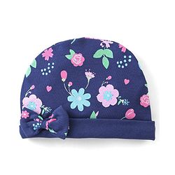Babyhug 100% Cotton Knit Floral Print Cap Mittens And Booties With Bow - Blue