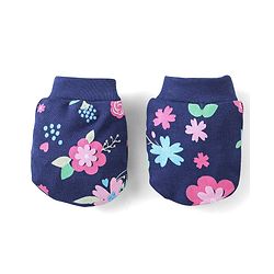 Babyhug 100% Cotton Knit Floral Print Cap Mittens And Booties With Bow - Blue