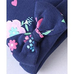 Babyhug 100% Cotton Knit Floral Print Cap Mittens And Booties With Bow - Blue