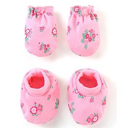 Babyhug 100% Cotton Knit Mittens & Booties Floral Print - Pink
