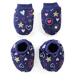 Babyhug 100% Cotton Mittens & Booties Set Star Print Navy - Diameter 9.5 Cm