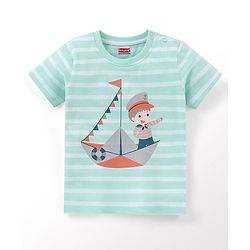 Babyhug Cotton Half Sleeves Striped T-Shirt with Boat Print - Blue