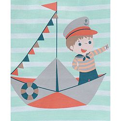 Babyhug Cotton Half Sleeves Striped T-Shirt with Boat Print - Blue