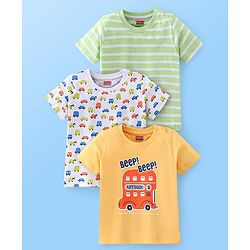 Babyhug Cotton Half Sleeves T-Shirt Car Print Pack of 3 - Yellow & Green