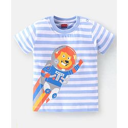 Babyhug Cotton Half Sleeves T-Shirt Lion & Stripes Print - White & Blue