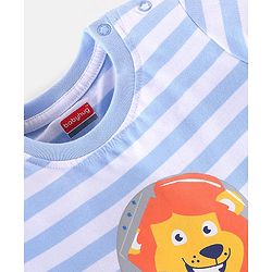 Babyhug Cotton Half Sleeves T-Shirt Lion & Stripes Print - White & Blue