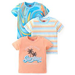 Babyhug Cotton Half Sleeves T-Shirt With Stripes & Marble Print Pack Of 3 - Blue & Peach