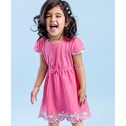 Babyhug 100% Cotton Half Sleeves Fit & Flare Frock with Floral Embroidery - Pink