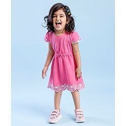 Babyhug 100% Cotton Half Sleeves Fit & Flare Frock with Floral Embroidery - Pink