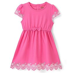 Babyhug 100% Cotton Half Sleeves Fit & Flare Frock with Floral Embroidery - Pink