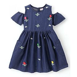 Babyhug Denim Half Sleeves Frock with Floral Embroidery and Pom Pom Detailing - Blue