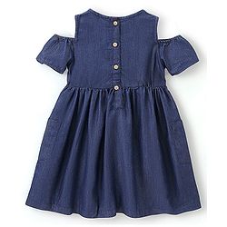Babyhug Denim Half Sleeves Frock with Floral Embroidery and Pom Pom Detailing - Blue
