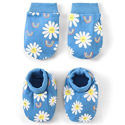 Babyhug 100% Cotton Mittens & Booties Floral Print - Blue