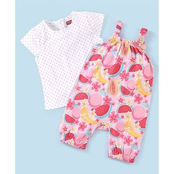 Babyhug 100% Cotton Knit Dungaree with Cap Sleeves Tee Set Floral & Fruity Print - Pink & White