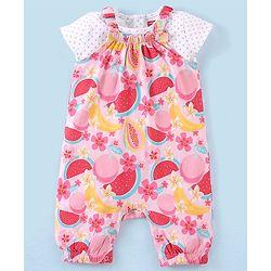 Babyhug 100% Cotton Knit Dungaree with Cap Sleeves Tee Set Floral & Fruity Print - Pink & White