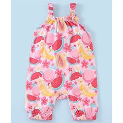 Babyhug 100% Cotton Knit Dungaree with Cap Sleeves Tee Set Floral & Fruity Print - Pink & White