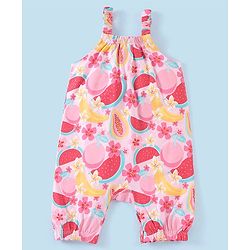 Babyhug 100% Cotton Knit Dungaree with Cap Sleeves Tee Set Floral & Fruity Print - Pink & White