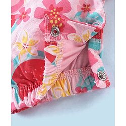 Babyhug 100% Cotton Knit Dungaree with Cap Sleeves Tee Set Floral & Fruity Print - Pink & White