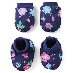 Babyhug 100% Cotton Knit Mittens & Booties Floral Print - Navy Blue