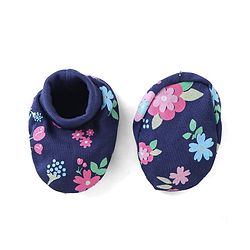 Babyhug 100% Cotton Knit Mittens & Booties Floral Print - Navy Blue