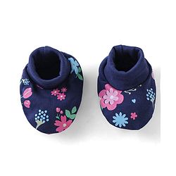 Babyhug 100% Cotton Knit Mittens & Booties Floral Print - Navy Blue