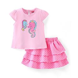 Babyhug 100% Cotton Knit Cap Sleeves Top & Skirt Set Sea Horse Print - Pink