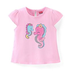Babyhug 100% Cotton Knit Cap Sleeves Top & Skirt Set Sea Horse Print - Pink