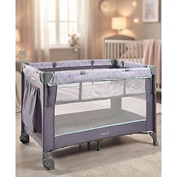 Babyhug Wonderland 2 in 1 Foldable Playpen Cum Travel Baby Cot with Mosquito Net - Grey| Easy Assembly| Compact Fold| Removable Cot Layer| Mesh Sides| Zipper Opening for Fun-play| Storage cum Carry Bag| Wheels with Lock| Attach to Parent Bed