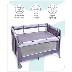 Babyhug Wonderland 2 in 1 Foldable Playpen Cum Travel Baby Cot with Mosquito Net - Grey| Easy Assembly| Compact Fold| Removable Cot Layer| Mesh Sides| Zipper Opening for Fun-play| Storage cum Carry Bag| Wheels with Lock| Attach to Parent Bed
