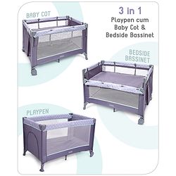 Babyhug Wonderland 2 in 1 Foldable Playpen Cum Travel Baby Cot with Mosquito Net - Grey| Easy Assembly| Compact Fold| Removable Cot Layer| Mesh Sides| Zipper Opening for Fun-play| Storage cum Carry Bag| Wheels with Lock| Attach to Parent Bed