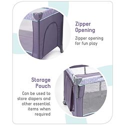 Babyhug Wonderland 2 in 1 Foldable Playpen Cum Travel Baby Cot with Mosquito Net - Grey| Easy Assembly| Compact Fold| Removable Cot Layer| Mesh Sides| Zipper Opening for Fun-play| Storage cum Carry Bag| Wheels with Lock| Attach to Parent Bed
