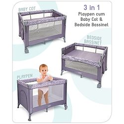 Babyhug Wonderland 2 in 1 Foldable Playpen Cum Travel Baby Cot with Mosquito Net - Grey| Easy Assembly| Compact Fold| Removable Cot Layer| Mesh Sides| Zipper Opening for Fun-play| Storage cum Carry Bag| Wheels with Lock| Attach to Parent Bed
