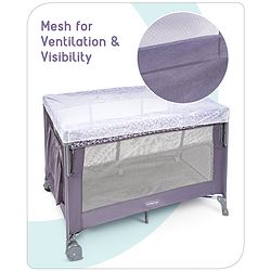 Babyhug Wonderland 2 in 1 Foldable Playpen Cum Travel Baby Cot with Mosquito Net - Grey| Easy Assembly| Compact Fold| Removable Cot Layer| Mesh Sides| Zipper Opening for Fun-play| Storage cum Carry Bag| Wheels with Lock| Attach to Parent Bed