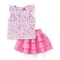 Babyhug 100% Cotton Knit Frill Sleeves Top & Layered Skirt Set Floral Print - White & Pink