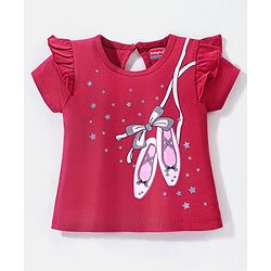 Babyhug 100% Cotton Knit Half Sleeves Tee with Graphic & Glitter Detailing - Fuchsia
