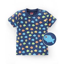 Babyhug Cotton Half Sleeves T-Shirt Fish Print- Navy Blue