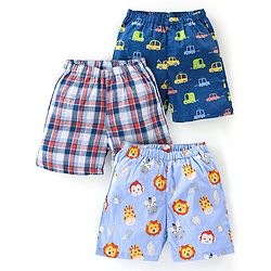 Babyhug Cotton Woven Boxers Vehicles & Lion Print Pack of 3 - Blue & Red