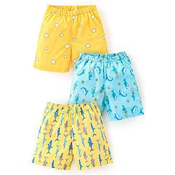 Babyhug Cotton Woven Star & Sea Life Print Pack of 3 - Yellow & Blue