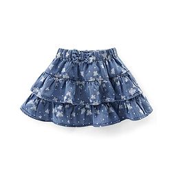 Babyhug Cotton Denim Mid Thigh Length Frill Skirt  Floral Print - Blue