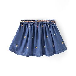 Babyhug 100% Cotton Mid Thigh Length Pleated Denim Skirt Floral Embroidery - Blue
